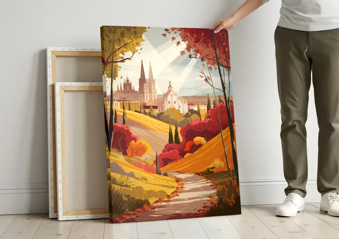 Toledo Autumn Landscape canvas wall art leaning against a wall next to blank canvases