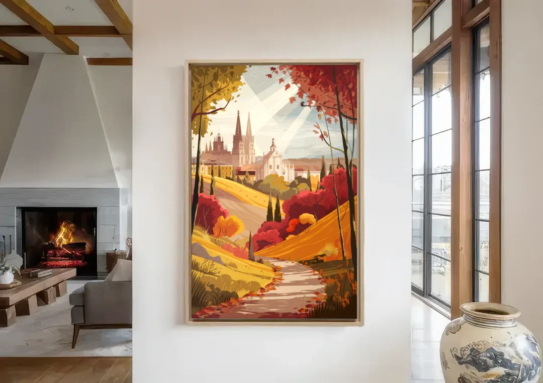 Toledo Autumn Landscape canvas wall art in a living room with a fireplace