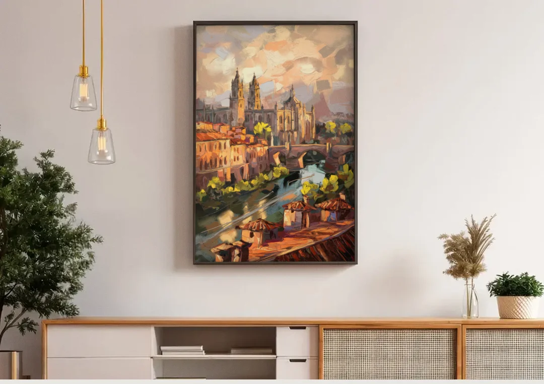 Toledo Historic Downtown canvas wall art above a wooden sideboard under pendant lights