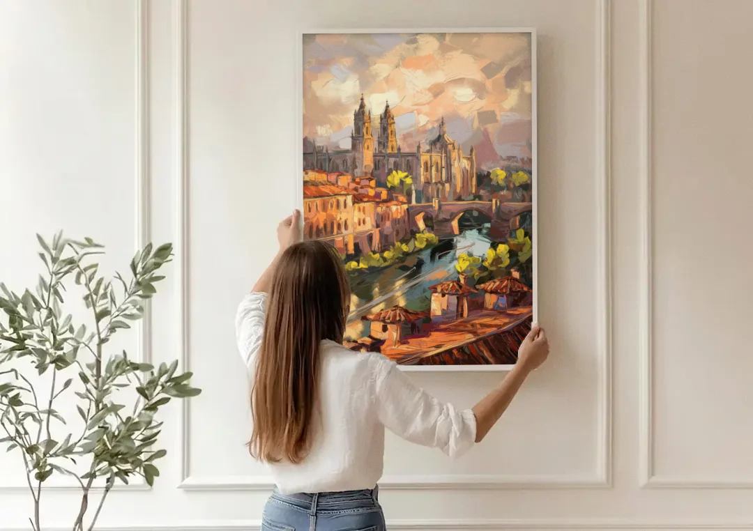 Toledo Historic Downtown canvas wall art being hung on a paneled wall