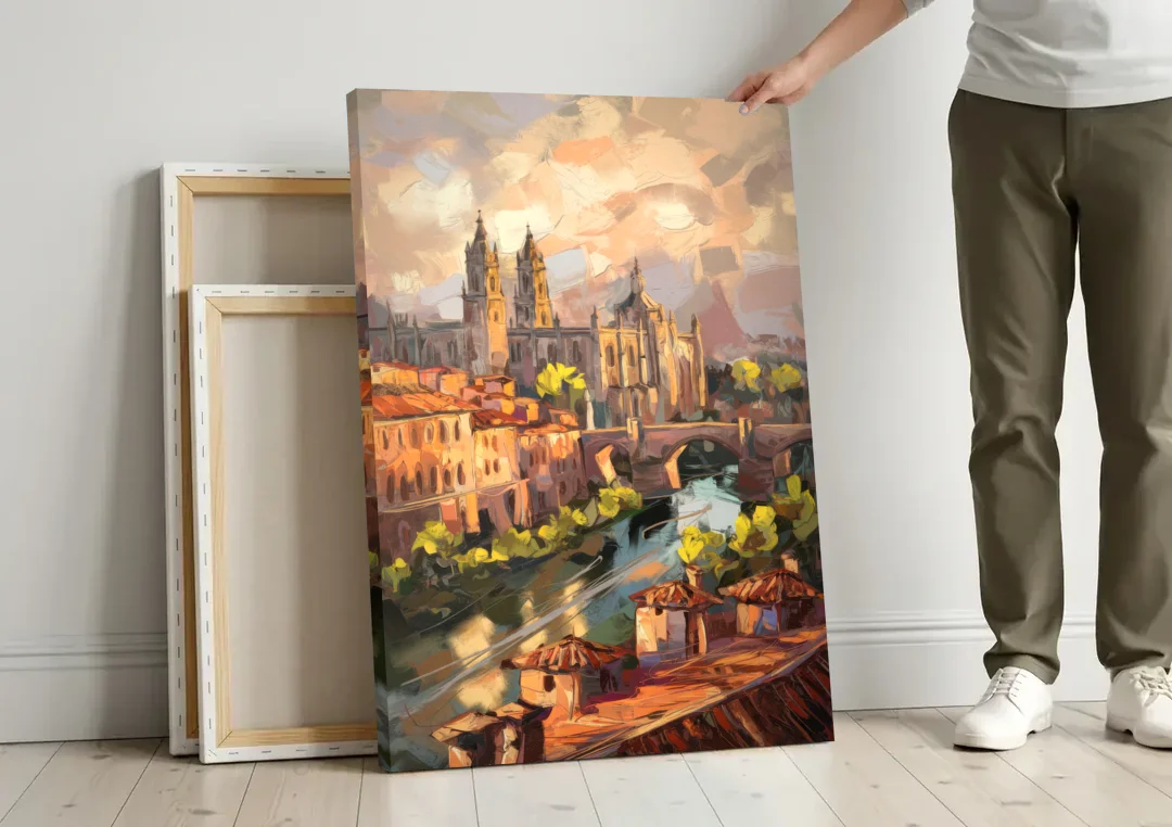 Toledo Historic Downtown canvas wall art leaning against a wall next to blank canvases