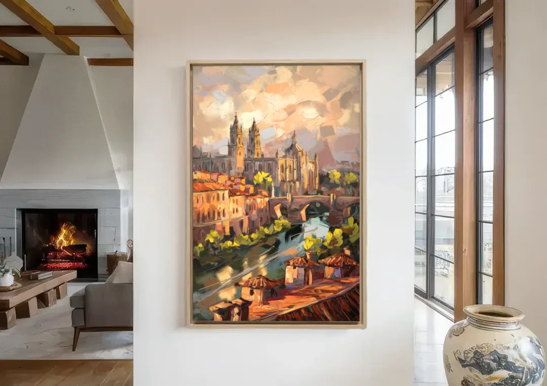 Toledo Historic Downtown canvas wall art in a living room with a fireplace