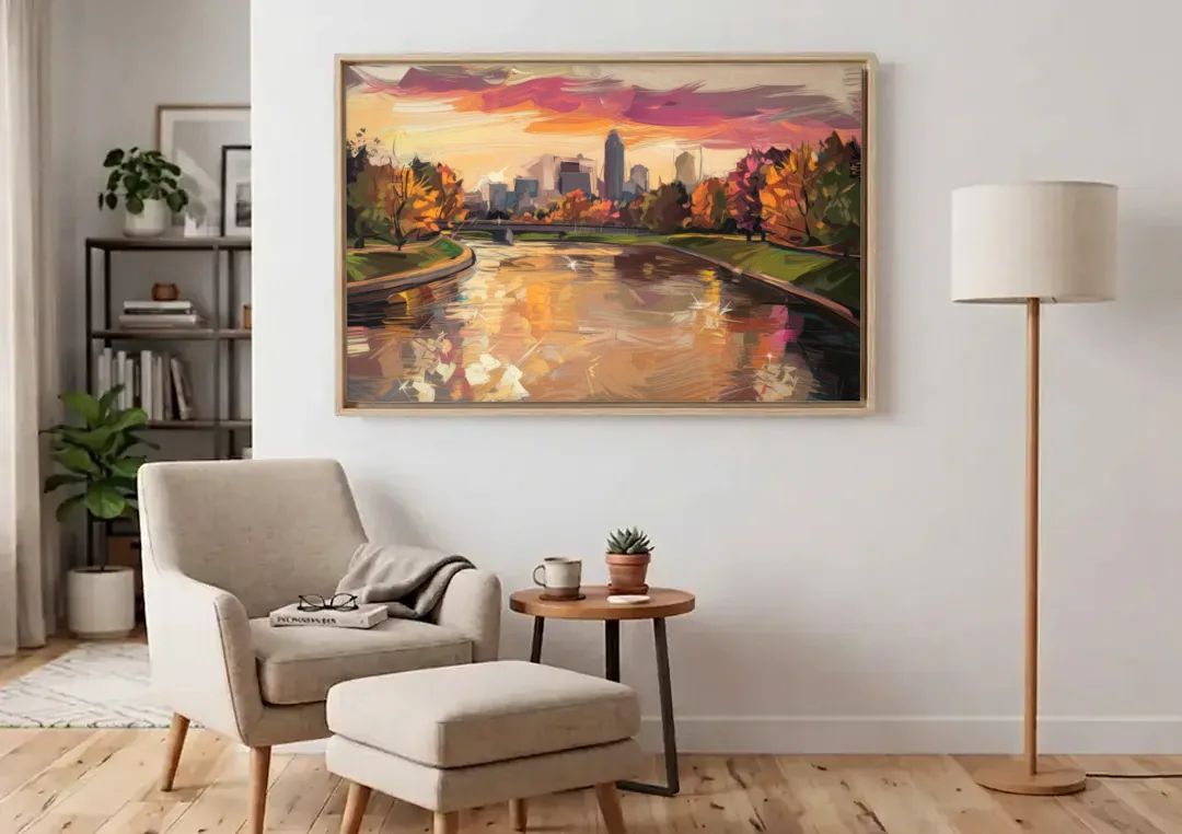 Toledo Maumee River Sunset canvas wall art above an armchair in a bright living room