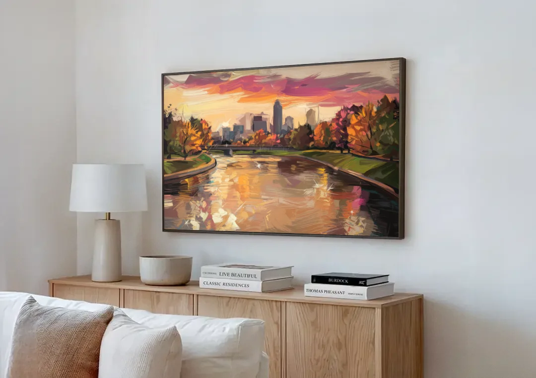 Toledo Maumee River Sunset canvas wall art above a wooden sideboard next to a sofa