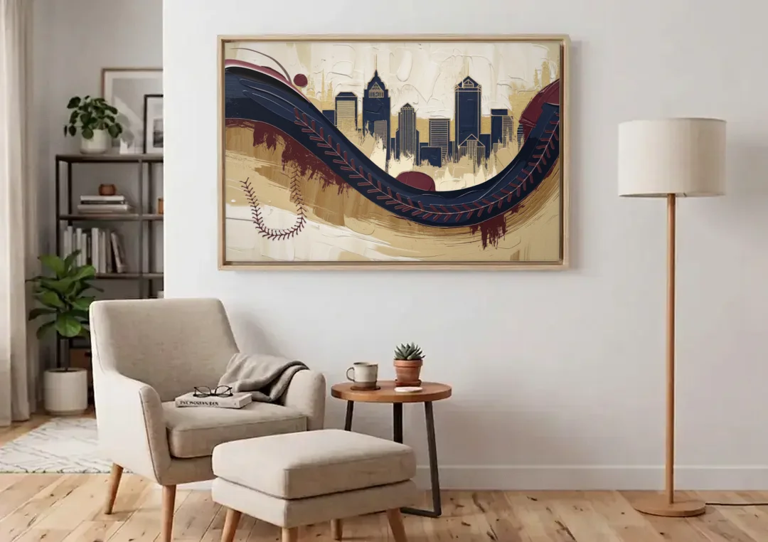 Toledo Mud Hens Baseball canvas wall art above an armchair in a bright living room