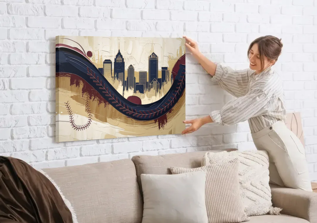 Toledo Mud Hens Baseball canvas wall art being hung on a white brick wall above a sofa