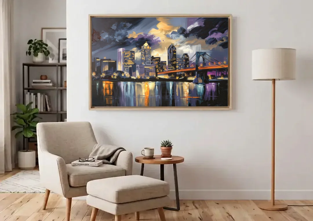 Toledo Nighttime Skyline canvas wall art above an armchair in a bright living room