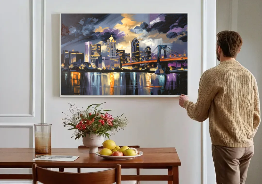 Toledo Nighttime Skyline canvas wall art above a dining table