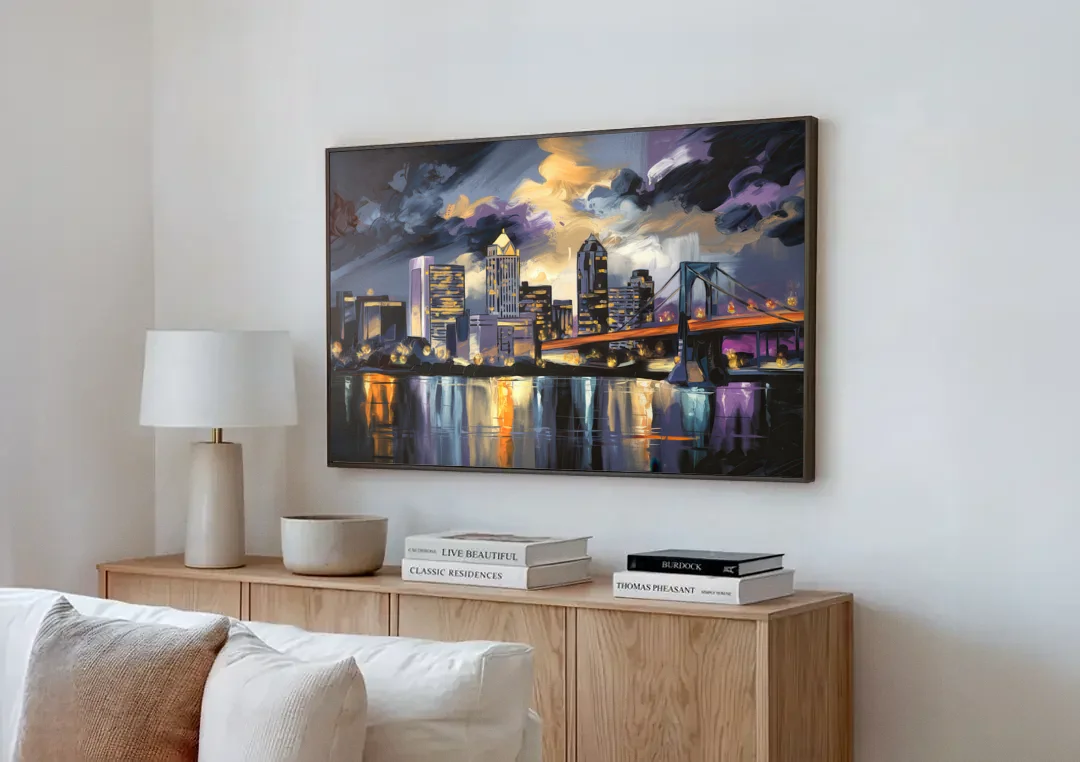 Toledo Nighttime Skyline canvas wall art above a wooden sideboard next to a sofa