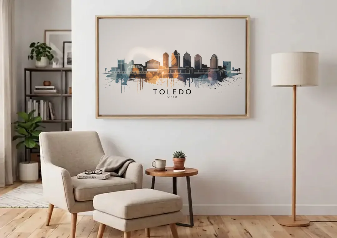 Toledo Skyline Panorama canvas wall art above an armchair in a bright living room
