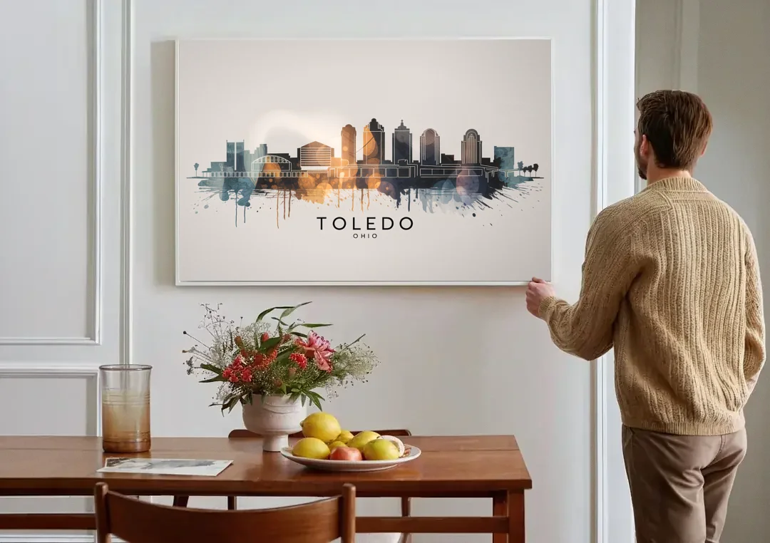 Toledo Skyline Panorama canvas wall art above a dining table