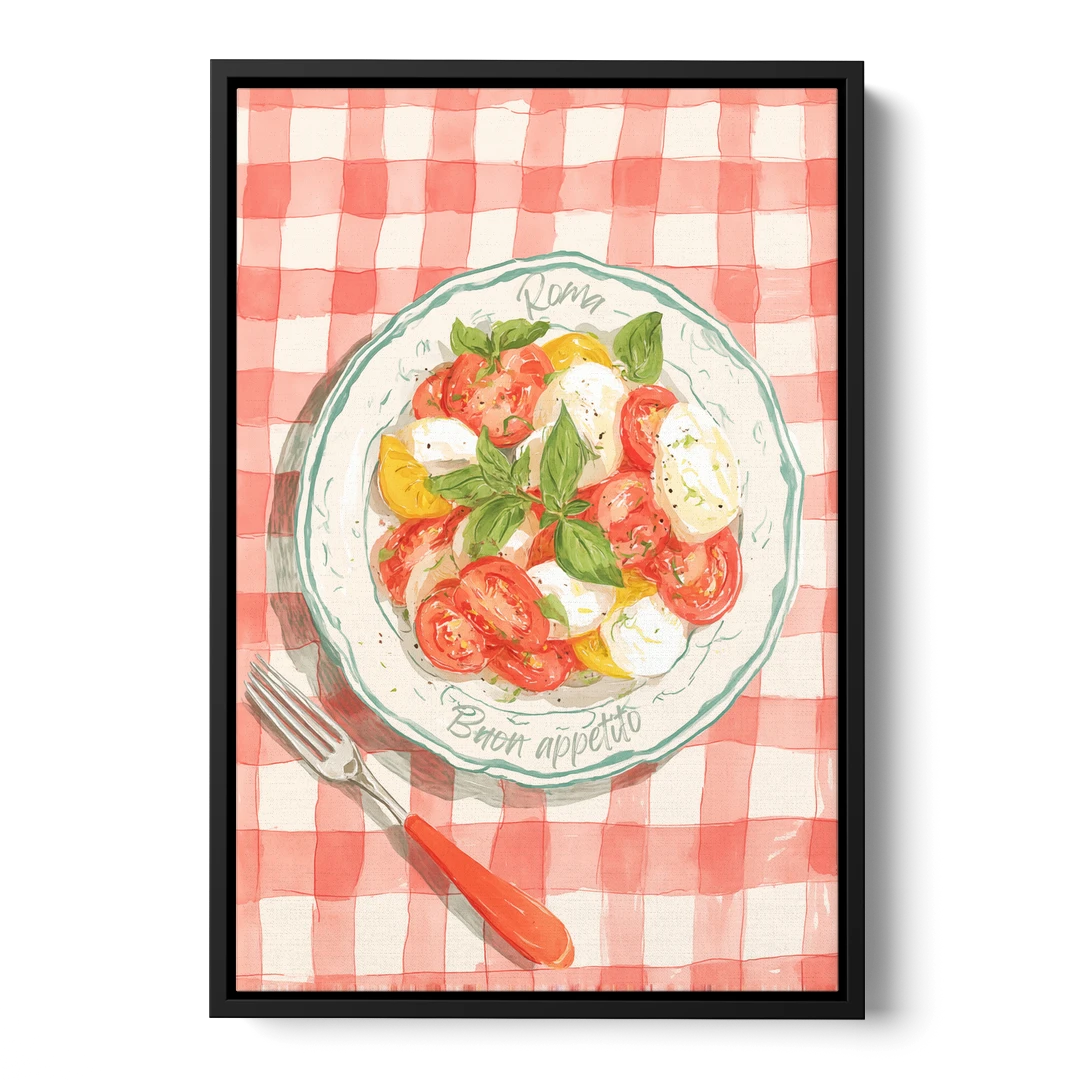 Tomato Painting of a Caprese Salad - Black Framed Canvas Wall Art - Front