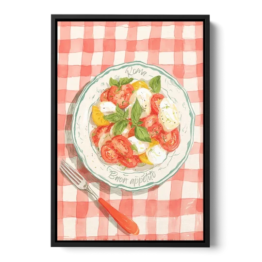 Tomato Painting of a Caprese Salad - Black Framed Canvas Wall Art - Front