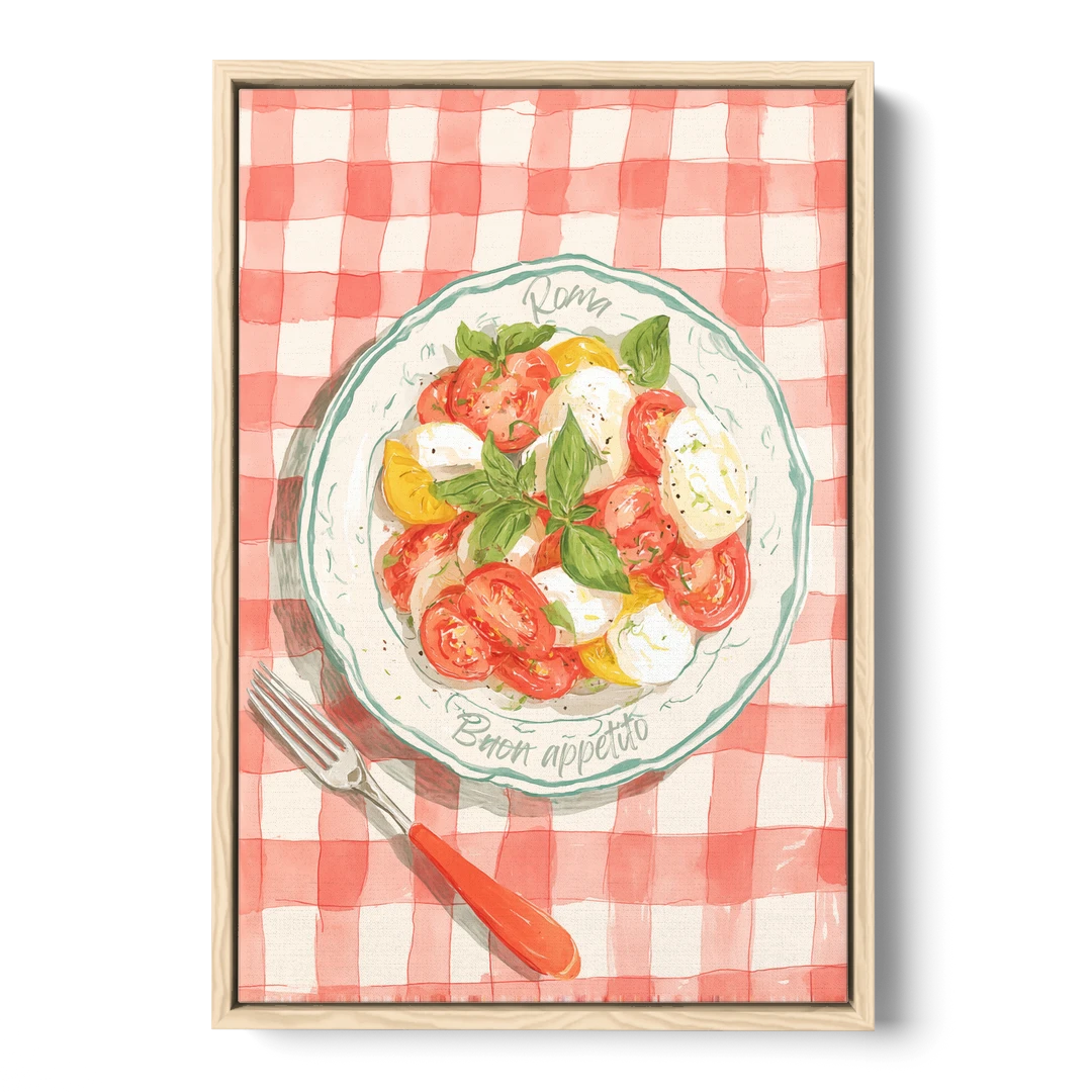 Tomato Painting of a Caprese Salad - Oak Framed Canvas Wall Art - Front