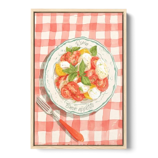 Tomato Painting of a Caprese Salad - Oak Framed Canvas Wall Art - Front