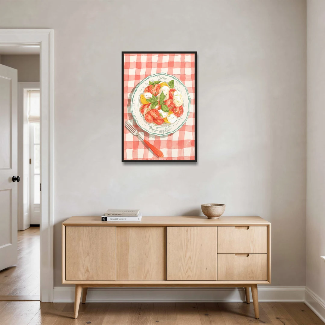 Tomato Painting of a Caprese Salad - Black Framed Canvas Wall Art - Coffee Table - 24x36