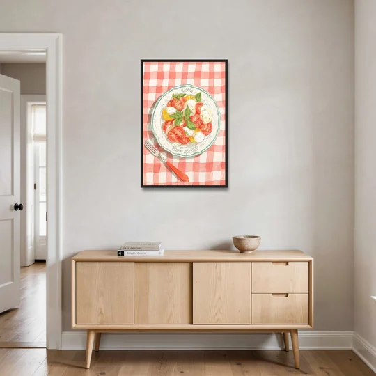 Tomato Painting of a Caprese Salad - Black Framed Canvas Wall Art - Coffee Table - 24x36