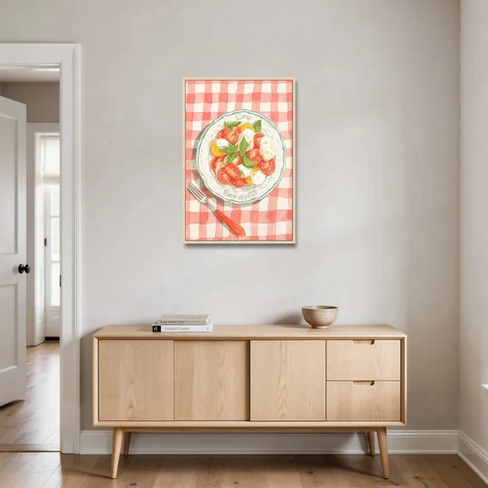 Tomato Painting of a Caprese Salad - Oak Framed Canvas Wall Art - Coffee Table - 24x36
