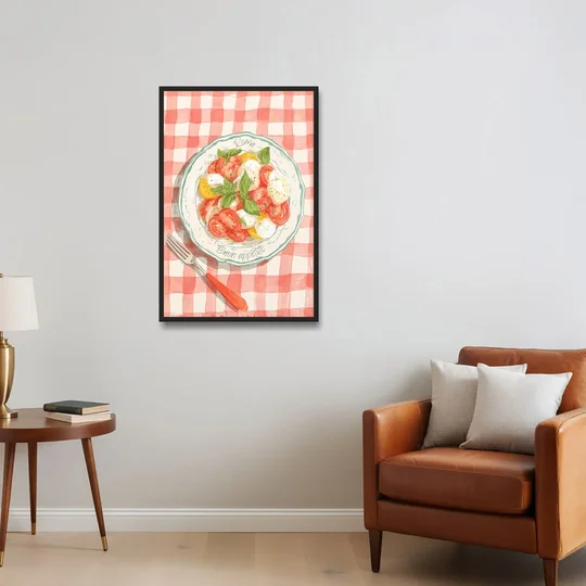 Tomato Painting of a Caprese Salad - Black Framed Canvas Wall Art - Sofa - 24x36