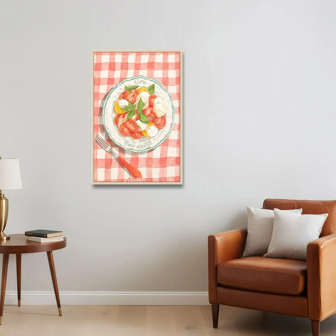 Tomato Painting of a Caprese Salad - Oak Framed Canvas Wall Art - Sofa - 24x36