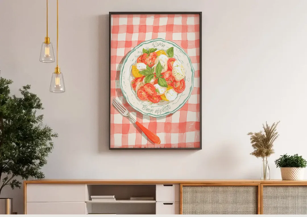 Tomato Painting of a Caprese Salad canvas wall art above a wooden sideboard under pendant lights