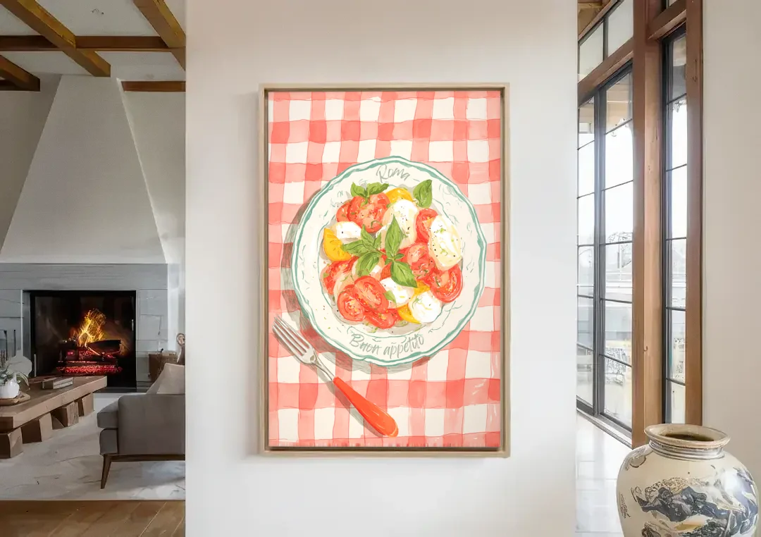 Tomato Painting of a Caprese Salad canvas wall art in a living room with a fireplace