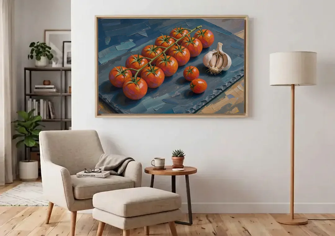 Tomato Painting on a Slate Board canvas wall art above an armchair in a bright living room