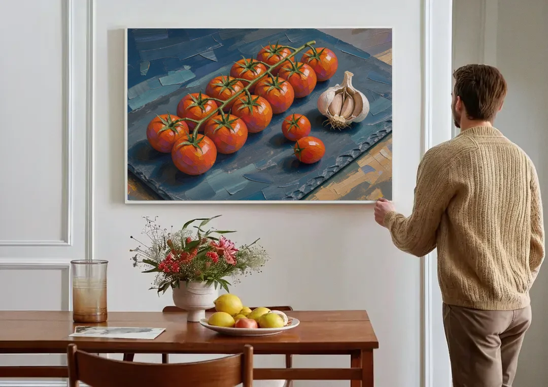 Tomato Painting on a Slate Board canvas wall art above a dining table