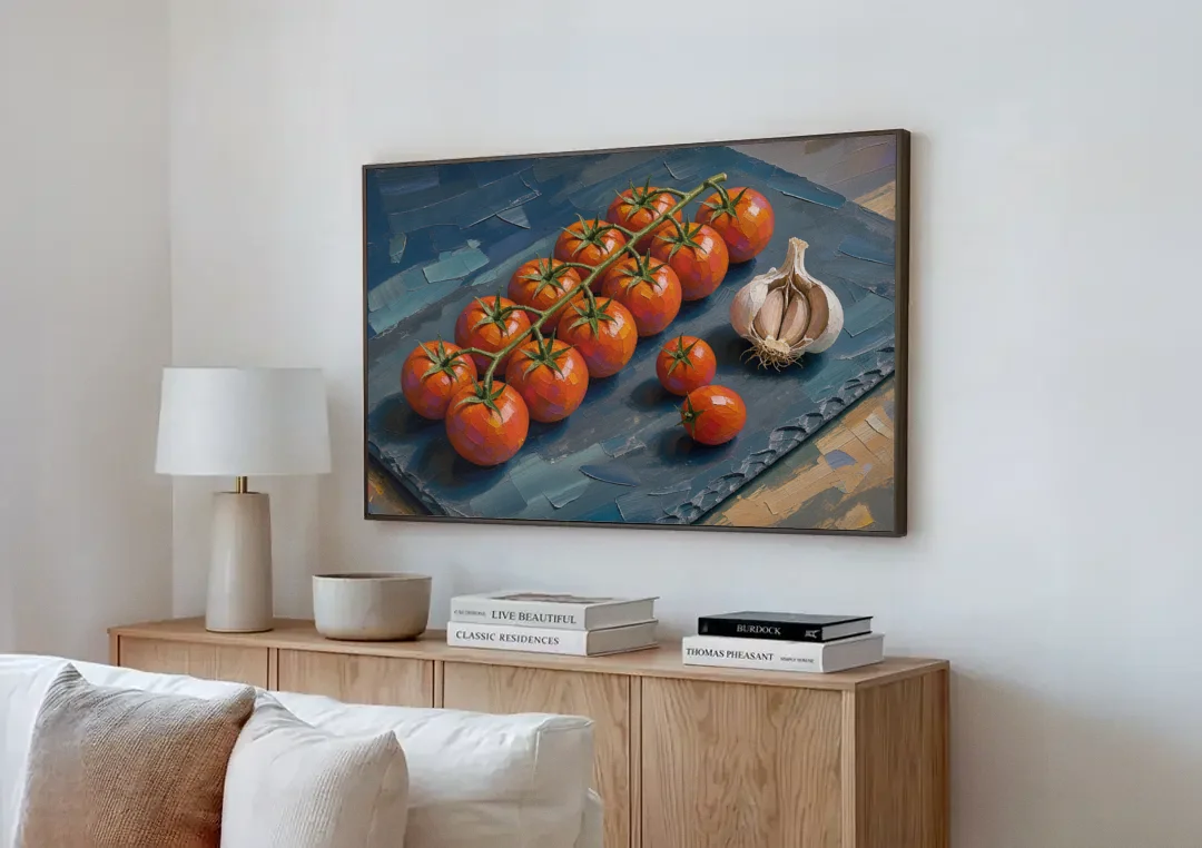 Tomato Painting on a Slate Board canvas wall art above a wooden sideboard next to a sofa