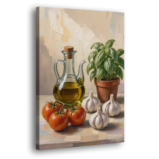 Tomatoes, Garlic and Basil for the Kitchen - Canvas Wall Art - Side