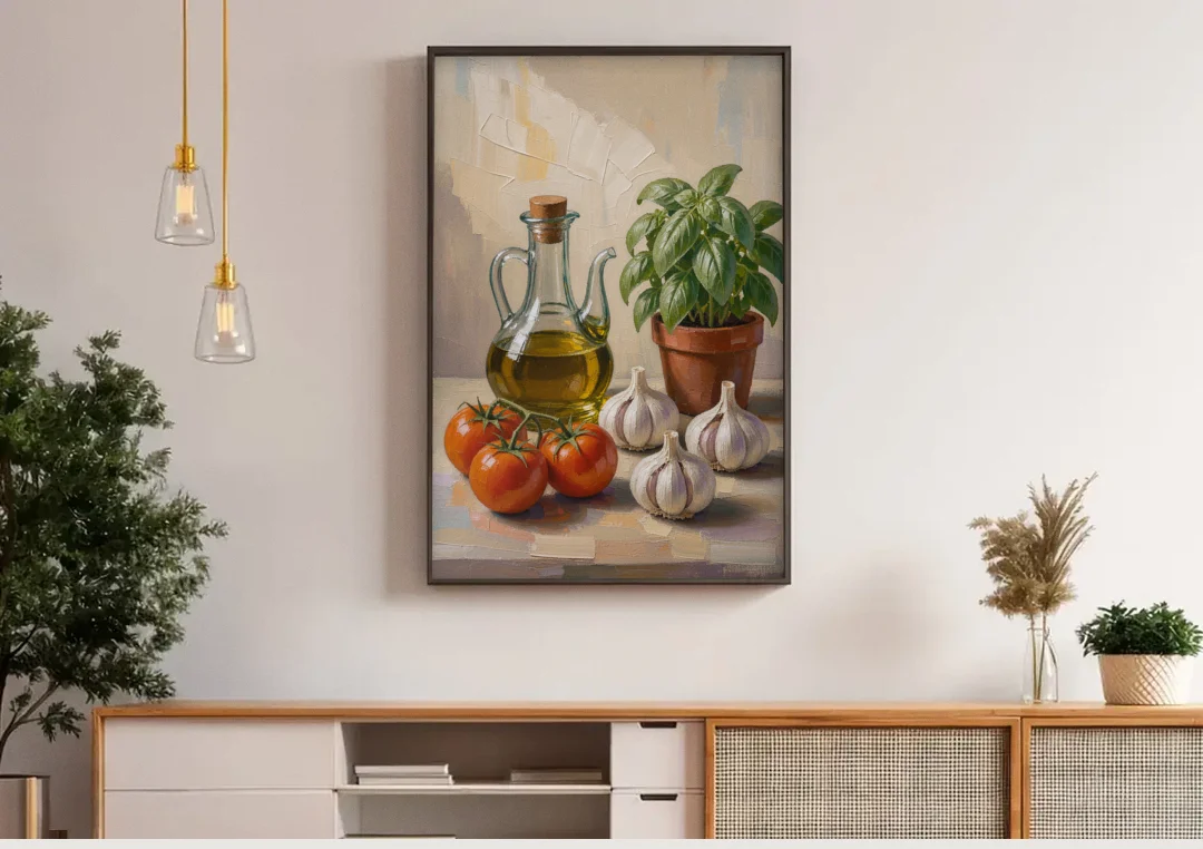 Tomatoes, Garlic and Basil for the Kitchen canvas wall art above a wooden sideboard under pendant lights