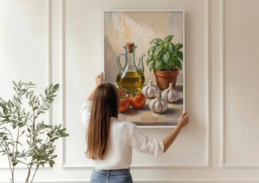 Tomatoes, Garlic and Basil for the Kitchen canvas wall art being hung on a paneled wall