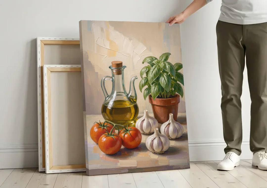 Tomatoes, Garlic and Basil for the Kitchen canvas wall art leaning against a wall next to blank canvases