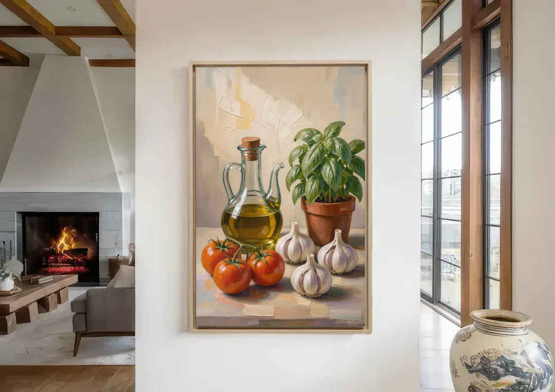 Tomatoes, Garlic and Basil for the Kitchen canvas wall art in a living room with a fireplace