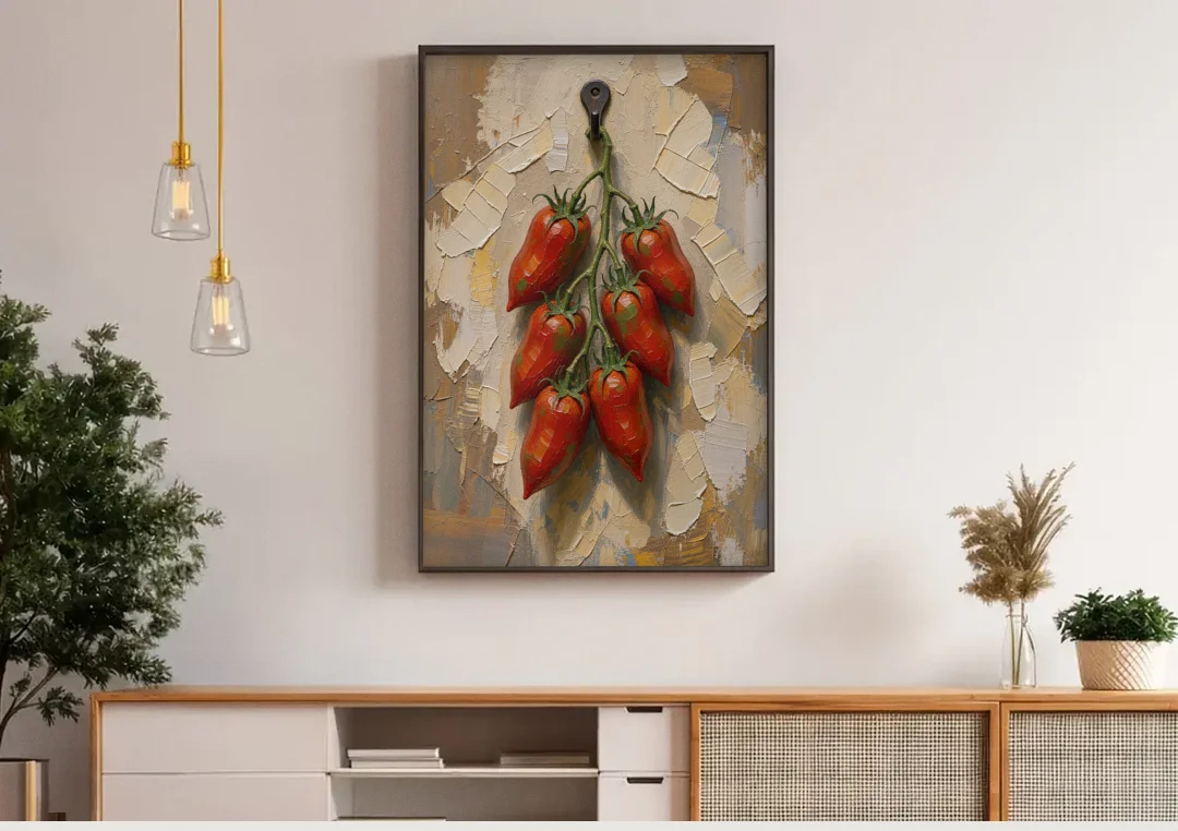 Tomatoes Wall Art on an Iron Hook canvas wall art above a wooden sideboard under pendant lights