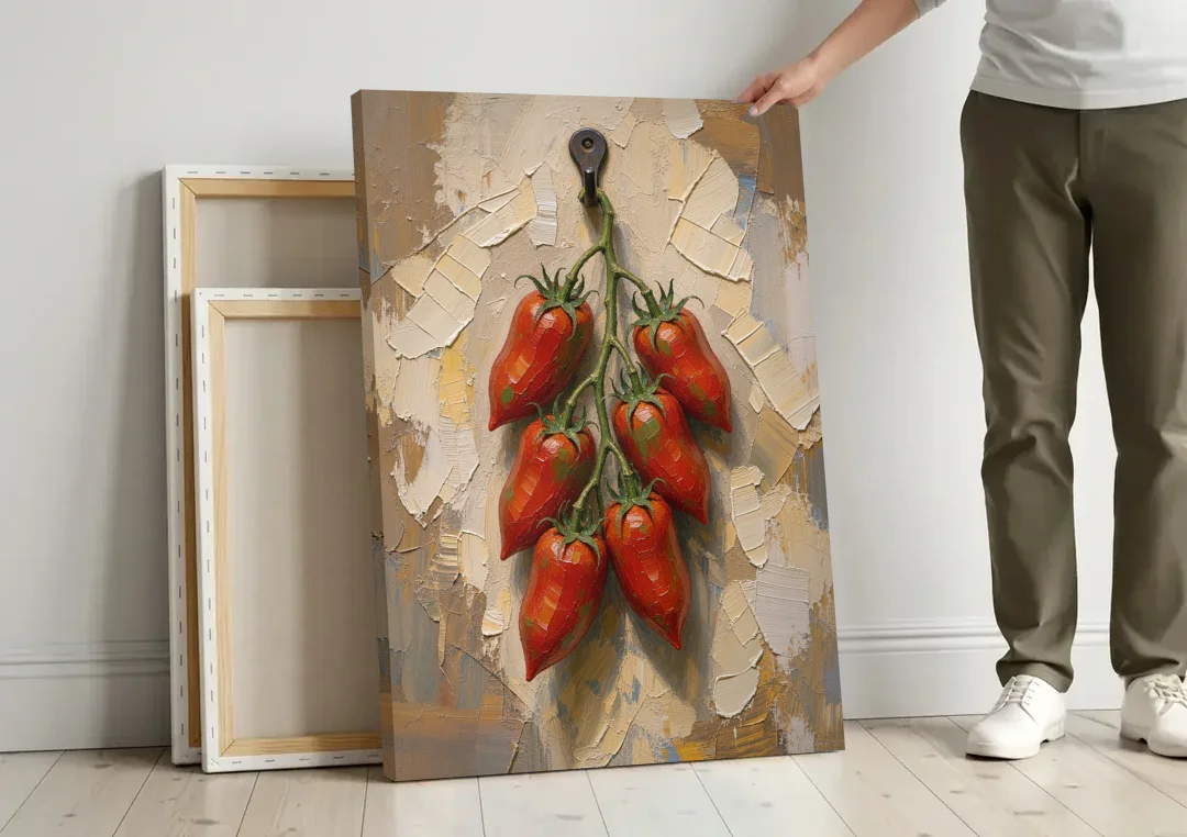 Tomatoes Wall Art on an Iron Hook canvas wall art leaning against a wall next to blank canvases