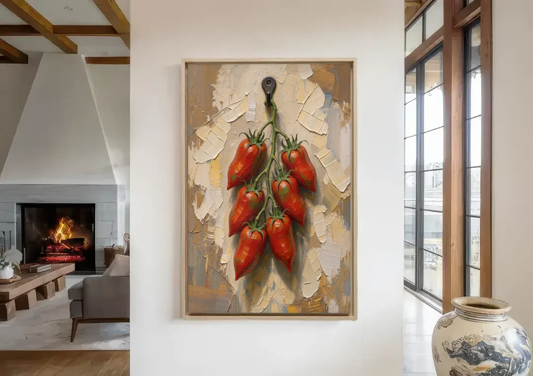 Tomatoes Wall Art on an Iron Hook canvas wall art in a living room with a fireplace