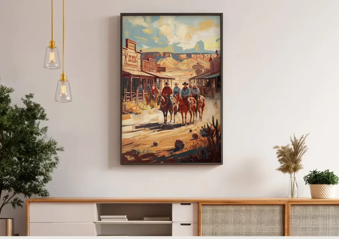 Tombstone Arizona Frontier canvas wall art above a wooden sideboard under pendant lights