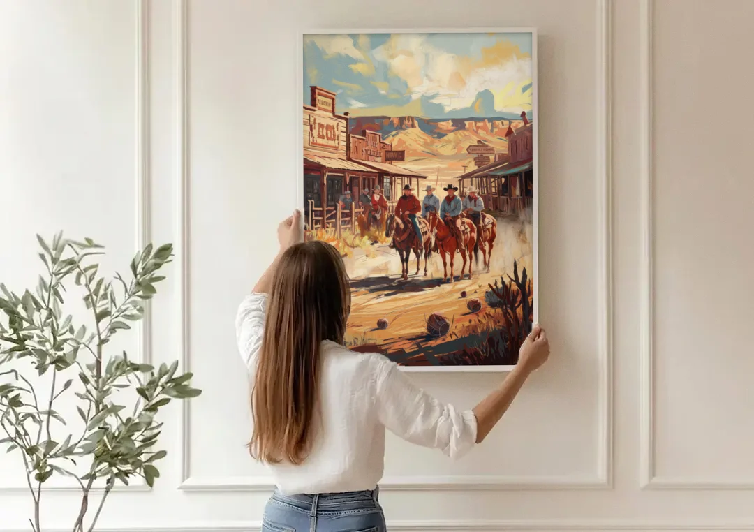 Tombstone Arizona Frontier canvas wall art being hung on a paneled wall