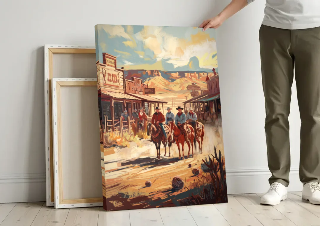 Tombstone Arizona Frontier canvas wall art leaning against a wall next to blank canvases