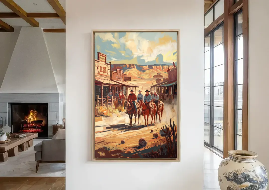 Tombstone Arizona Frontier canvas wall art in a living room with a fireplace