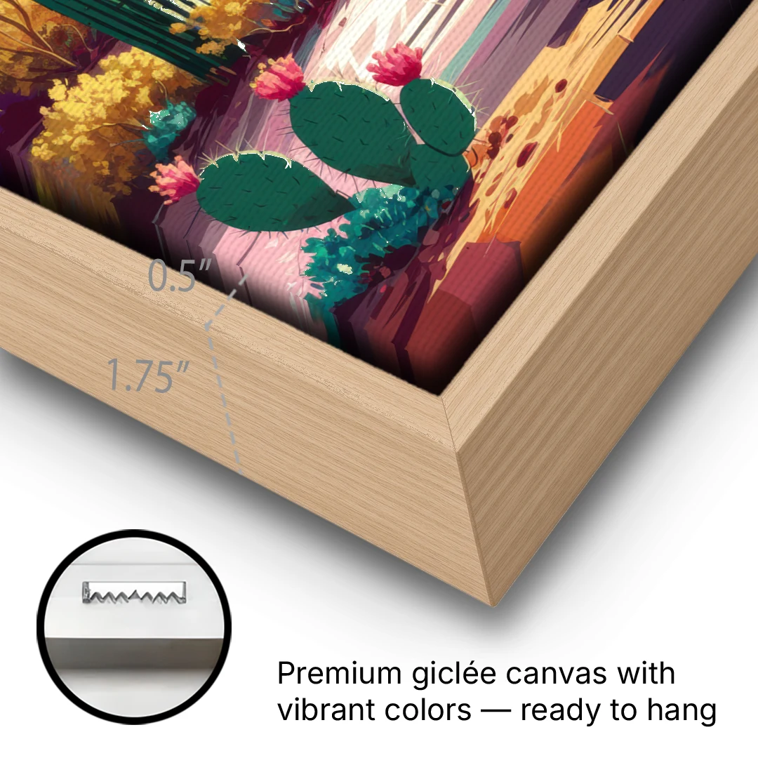 Tombstone Cactus Landscape - Oak Framed Canvas Wall Art - Gallery Wrap Corner