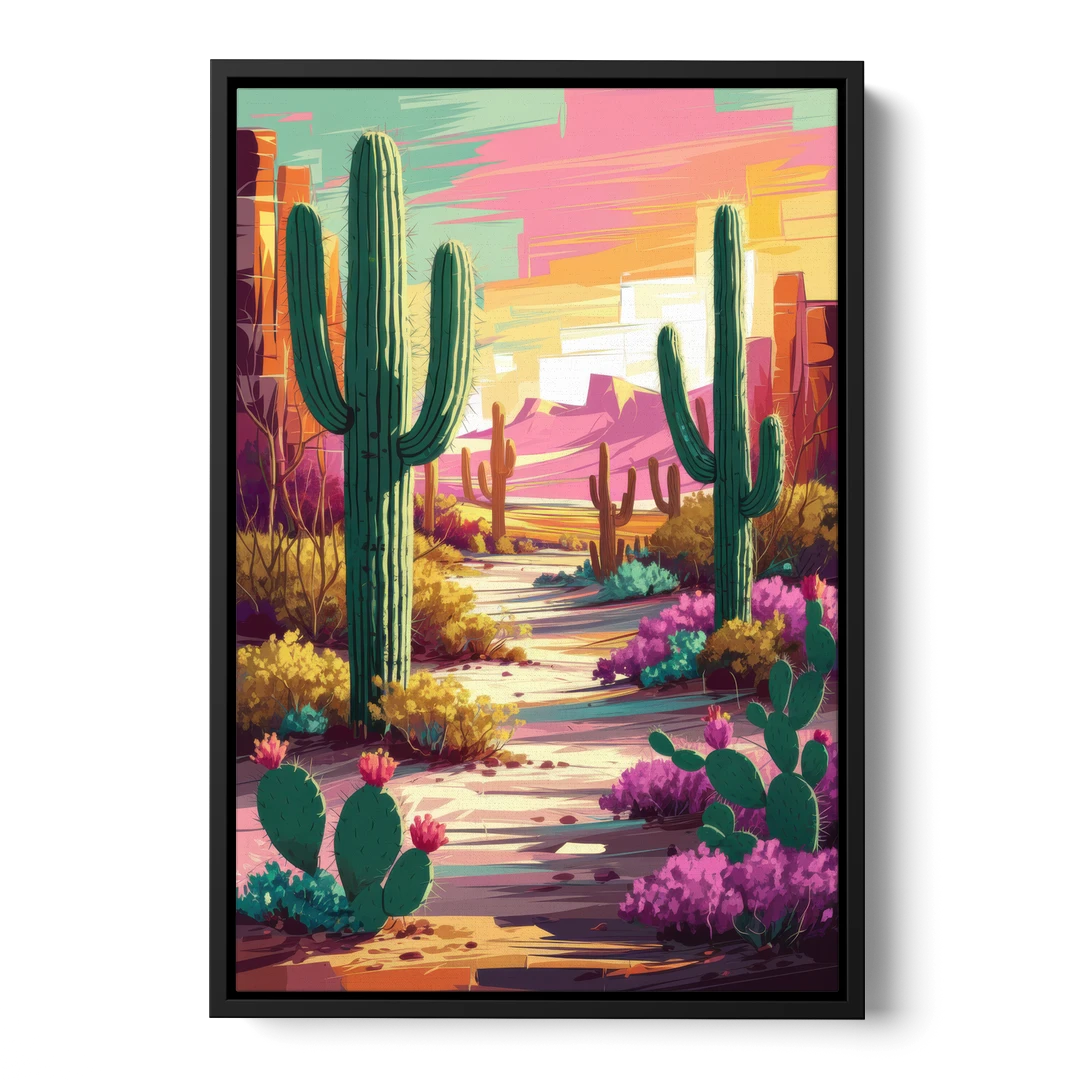 Tombstone Cactus Landscape - Black Framed Canvas Wall Art - Front