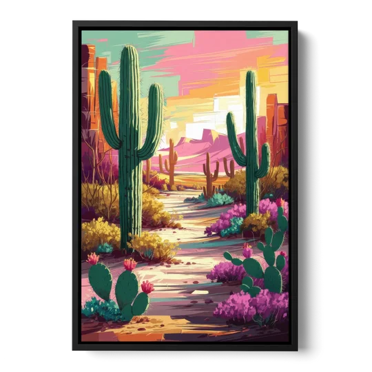 Tombstone Cactus Landscape - Black Framed Canvas Wall Art - Front