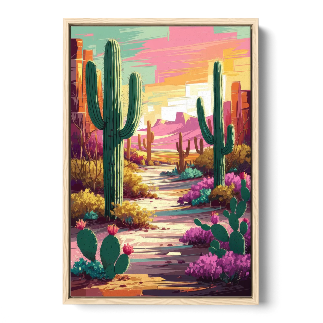 Tombstone Cactus Landscape - Oak Framed Canvas Wall Art - Front