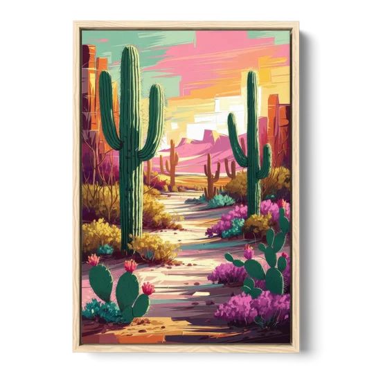 Tombstone Cactus Landscape - Oak Framed Canvas Wall Art - Front