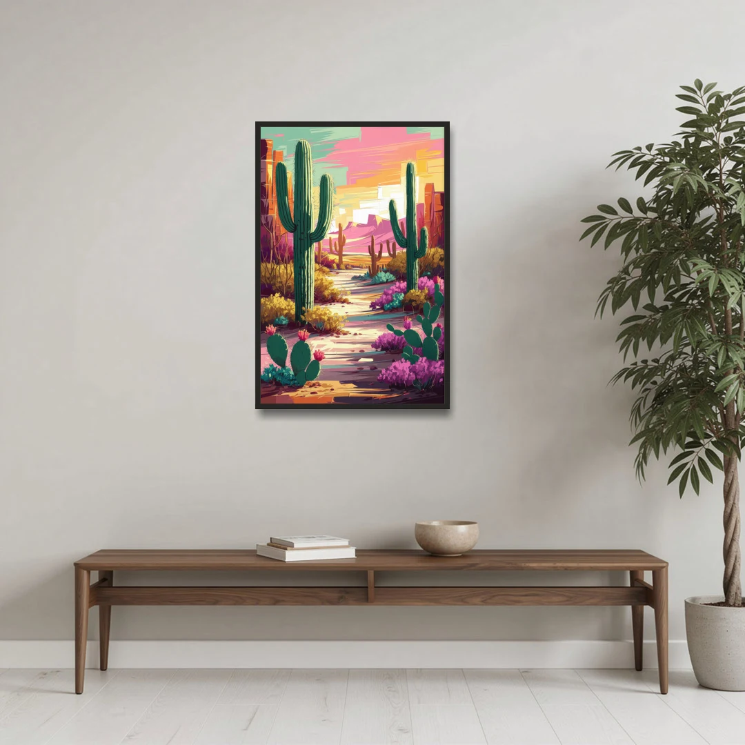Tombstone Cactus Landscape - Black Framed Canvas Wall Art - Coffee Table - 24x36