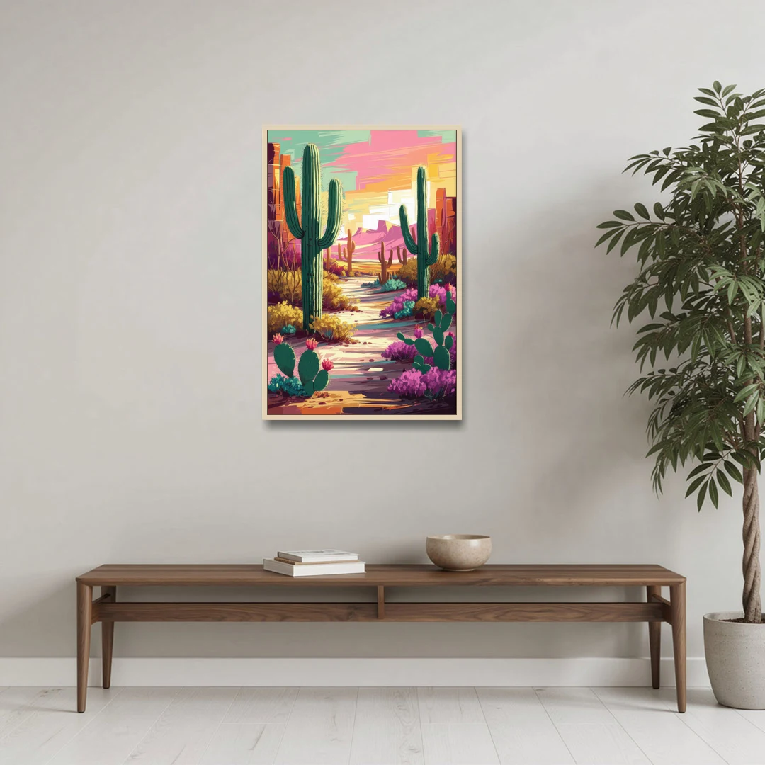 Tombstone Cactus Landscape - Oak Framed Canvas Wall Art - Coffee Table - 24x36