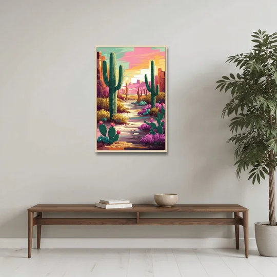 Tombstone Cactus Landscape - Oak Framed Canvas Wall Art - Coffee Table - 24x36