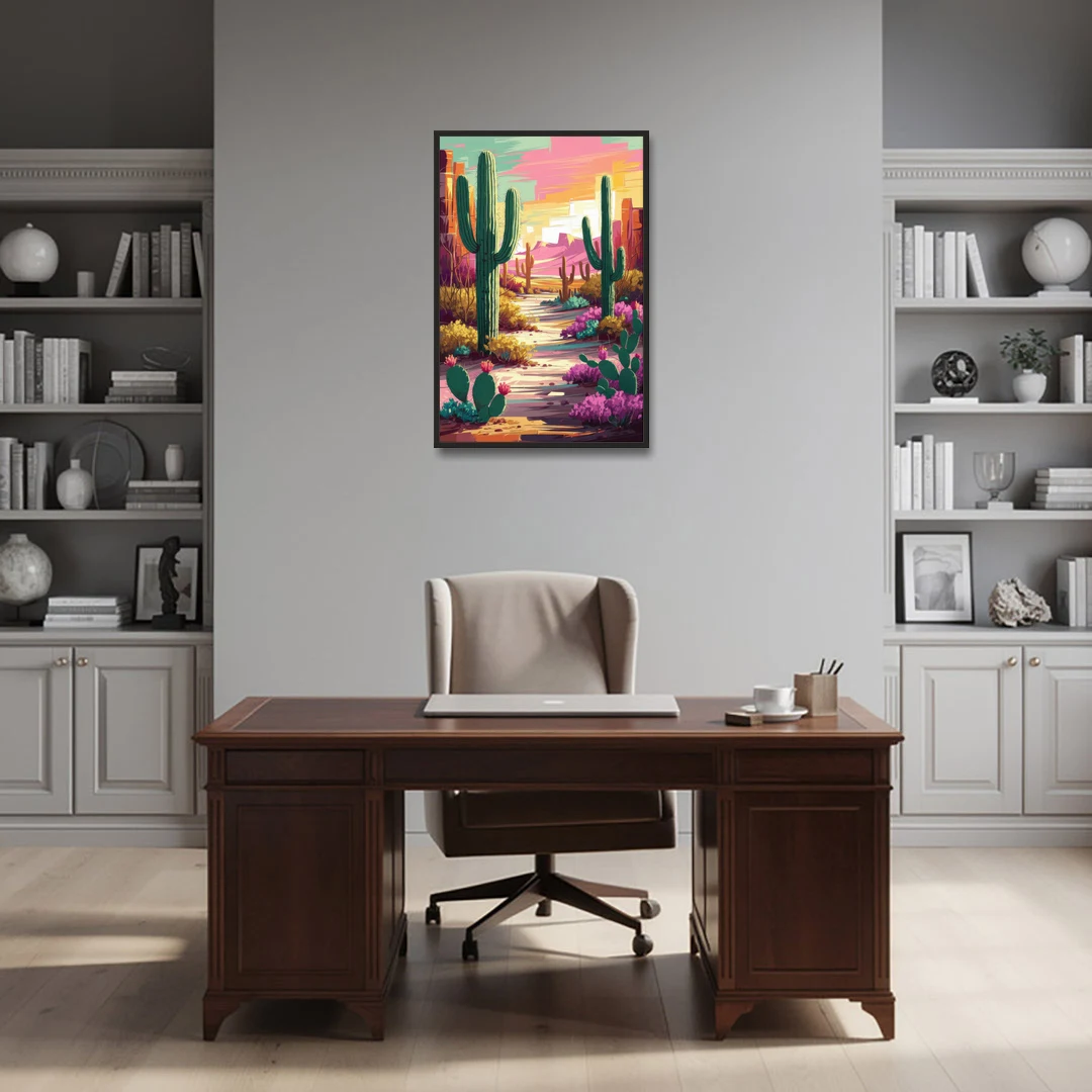 Tombstone Cactus Landscape - Black Framed Canvas Wall Art - Office - 24x36